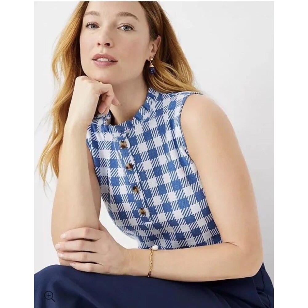 ANN TAYLOR PL Blue Plaid Knit Sleeveless Ruffle Neck Top Stretch